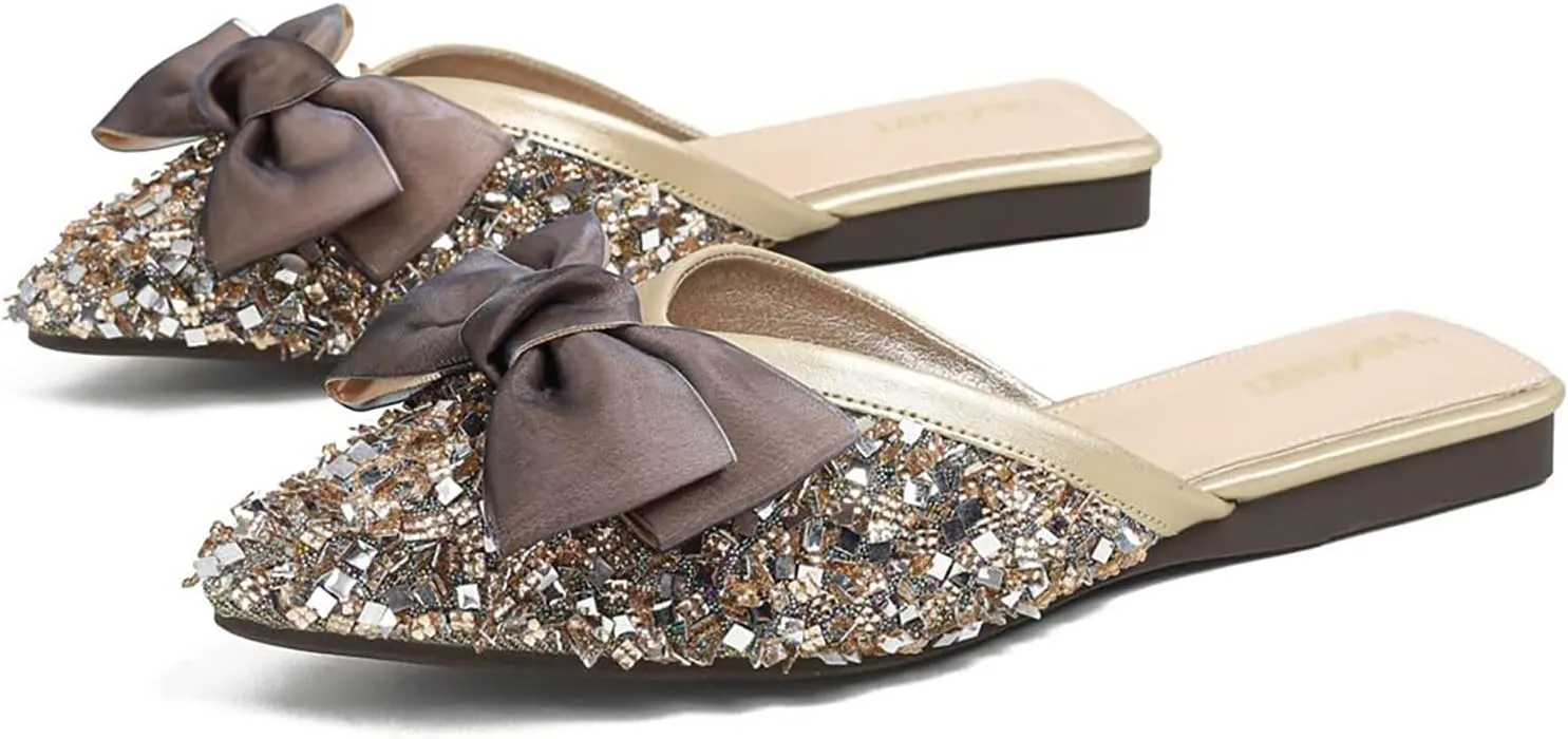 Helenbra Women's Rhinestone Bow Pointed Toe Flat Mules,Cute Bow Decorated Sparkling Sequins Comfortable Slip on Backless Lightweight Slides Casual Business Bridesmaid Wedding Party Mule Shoes