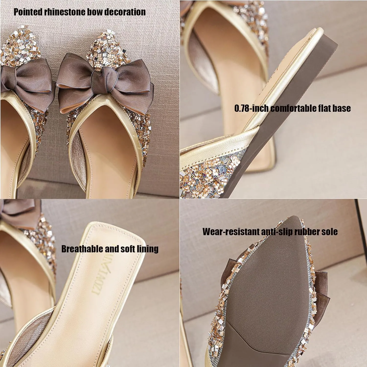 Helenbra Women's Rhinestone Bow Pointed Toe Flat Mules,Cute Bow Decorated Sparkling Sequins Comfortable Slip on Backless Lightweight Slides Casual Business Bridesmaid Wedding Party Mule Shoes