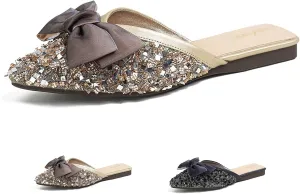 Helenbra Women's Rhinestone Bow Pointed Toe Flat Mules,Cute Bow Decorated Sparkling Sequins Comfortable Slip on Backless Lightweight Slides Casual Business Bridesmaid Wedding Party Mule Shoes