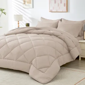 HEVUMYI Beige Tan Cali-King Comforter Set - 7-Piece All Season Bed in a Bag Cali-King, Ultra Soft Bedding Set with Comforter, Flat Sheet, Fitted Sheet, Pillowcases, Pillow Shams, Beige Tan