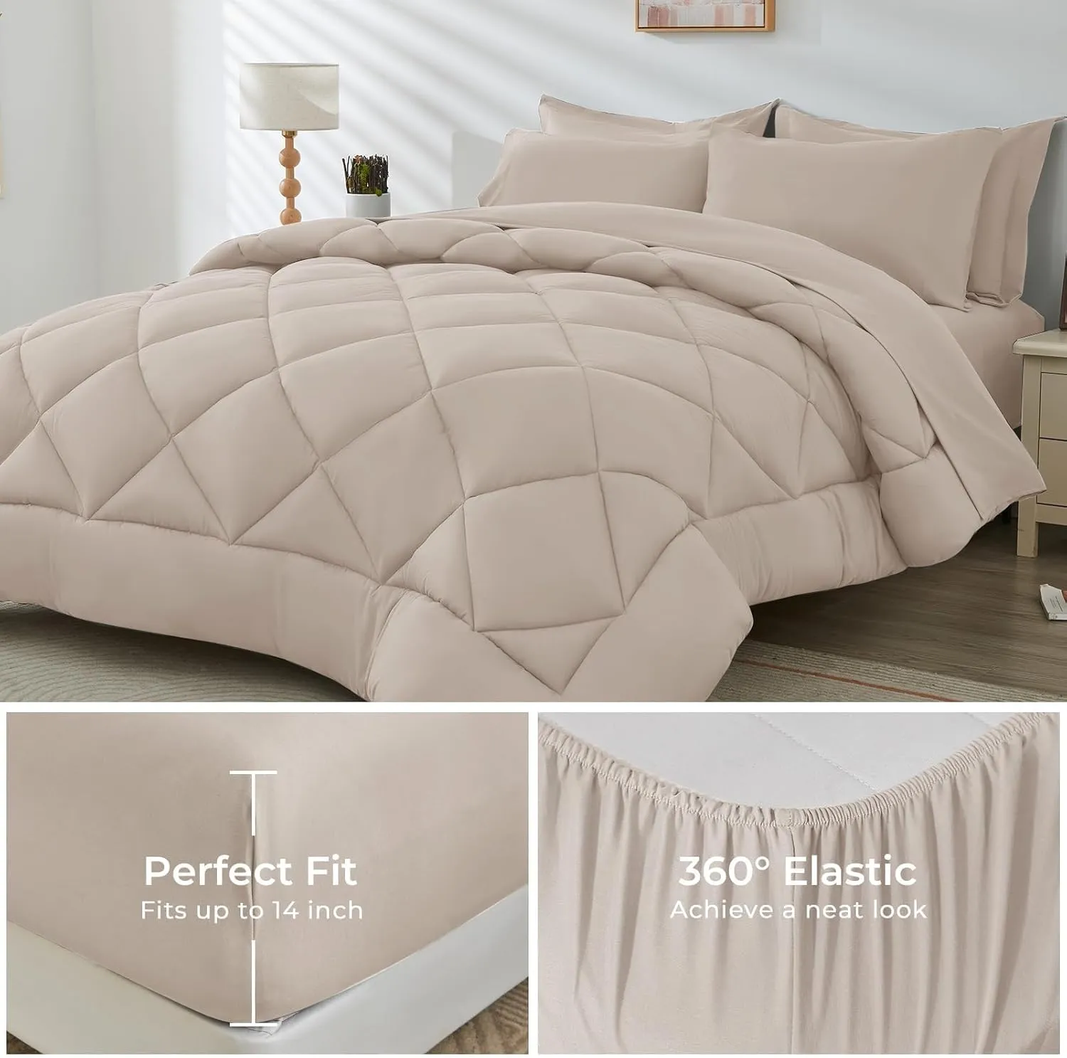 HEVUMYI Beige Tan Cali-King Comforter Set - 7-Piece All Season Bed in a Bag Cali-King, Ultra Soft Bedding Set with Comforter, Flat Sheet, Fitted Sheet, Pillowcases, Pillow Shams, Beige Tan