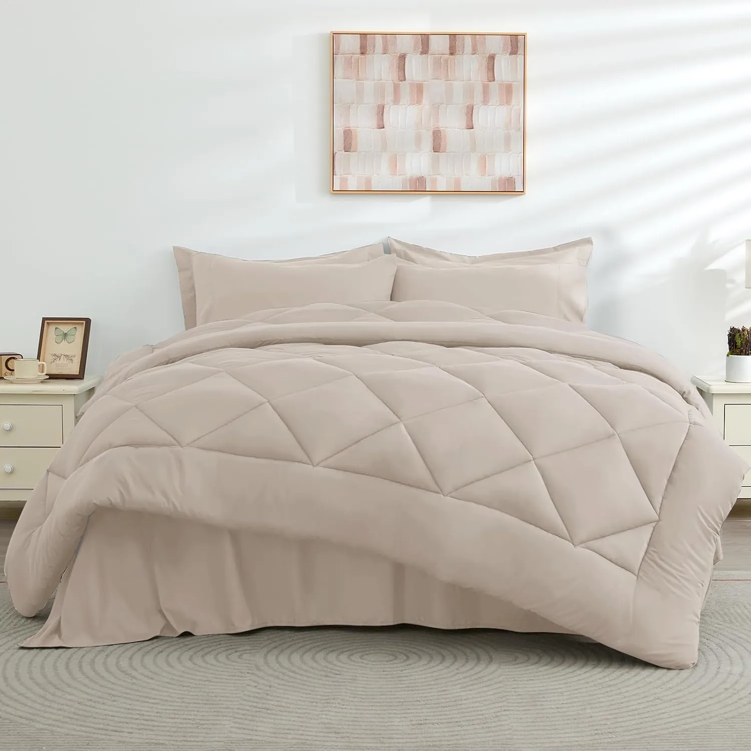 HEVUMYI Beige Tan Cali-King Comforter Set - 7-Piece All Season Bed in a Bag Cali-King, Ultra Soft Bedding Set with Comforter, Flat Sheet, Fitted Sheet, Pillowcases, Pillow Shams, Beige Tan