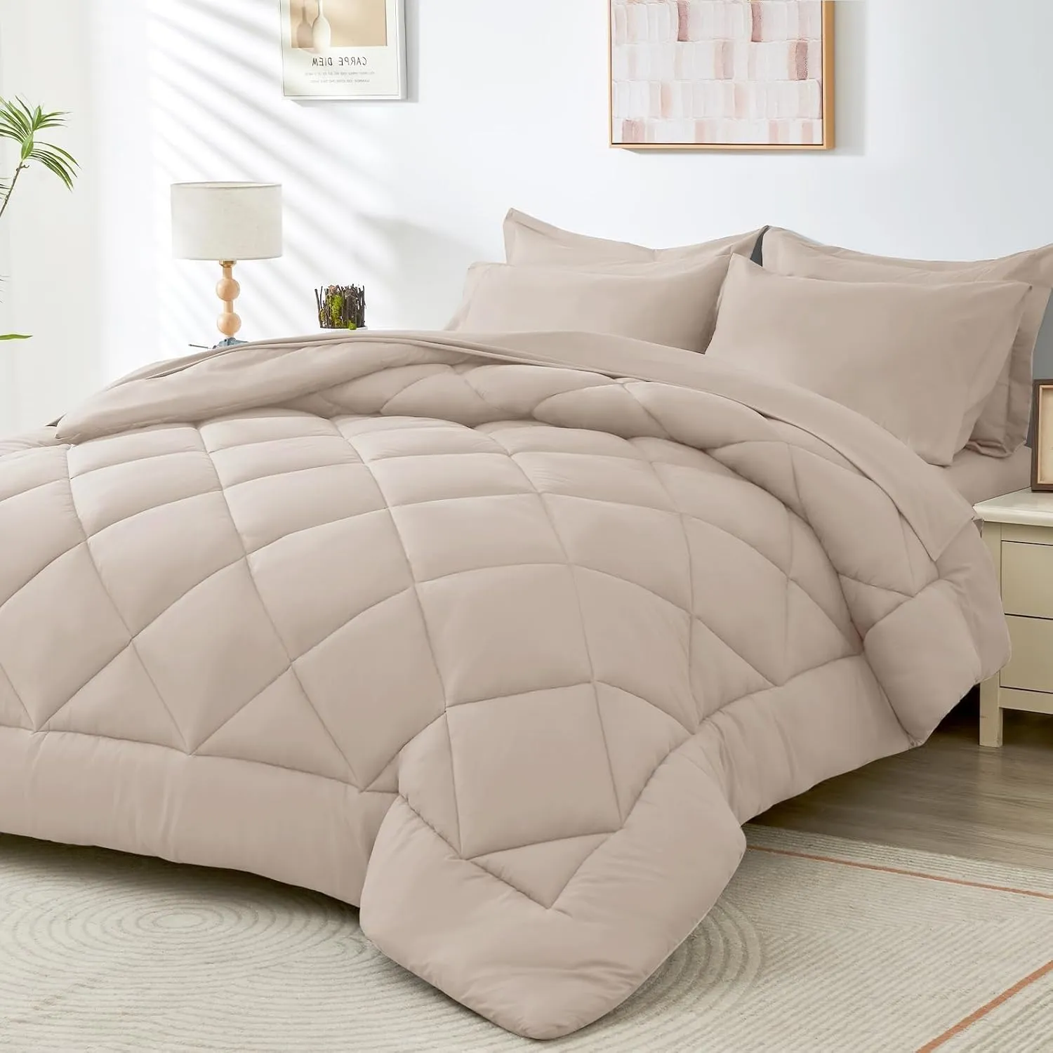 HEVUMYI Beige Tan Cali-King Comforter Set - 7-Piece All Season Bed in a Bag Cali-King, Ultra Soft Bedding Set with Comforter, Flat Sheet, Fitted Sheet, Pillowcases, Pillow Shams, Beige Tan