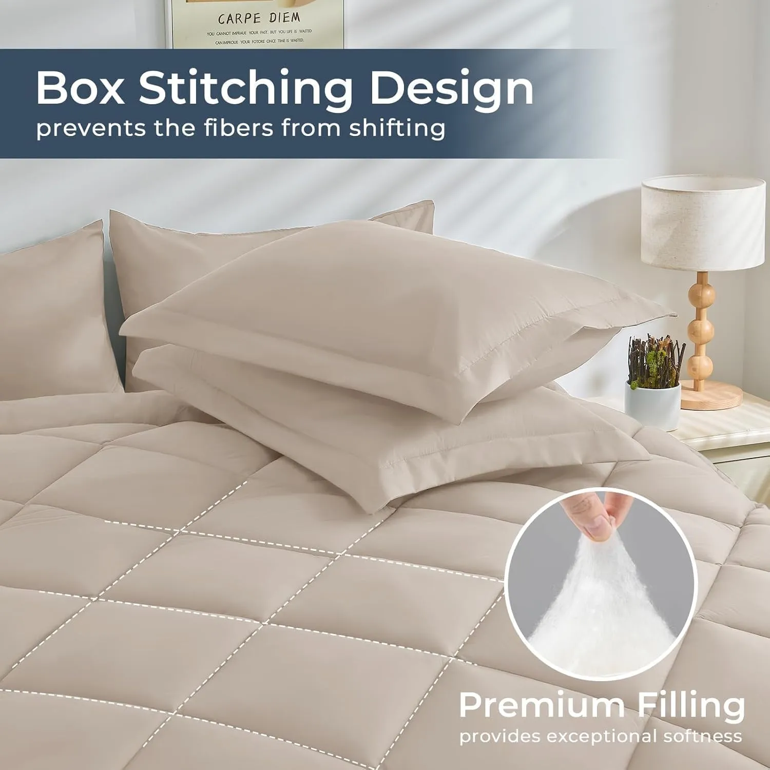 HEVUMYI Beige Tan Cali-King Comforter Set - 7-Piece All Season Bed in a Bag Cali-King, Ultra Soft Bedding Set with Comforter, Flat Sheet, Fitted Sheet, Pillowcases, Pillow Shams, Beige Tan