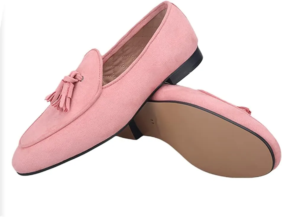 HI&HANN 2021 New Pink Color Velvet Tassel Men Loafers British Style Classic Men Smoking Slippers for Wedding and Party Plus Size