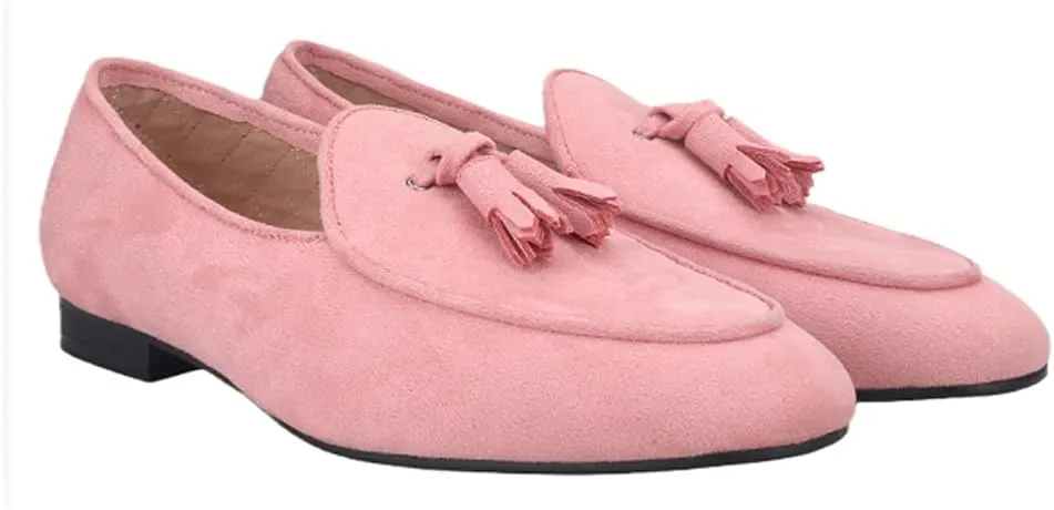 HI&HANN 2021 New Pink Color Velvet Tassel Men Loafers British Style Classic Men Smoking Slippers for Wedding and Party Plus Size