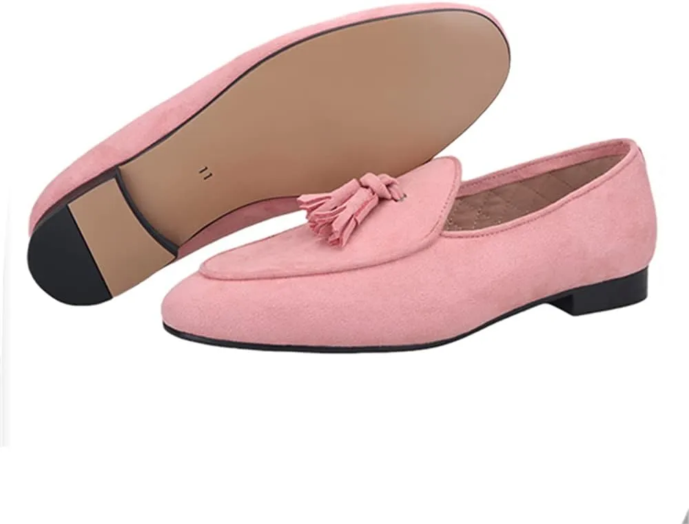 HI&HANN 2021 New Pink Color Velvet Tassel Men Loafers British Style Classic Men Smoking Slippers for Wedding and Party Plus Size