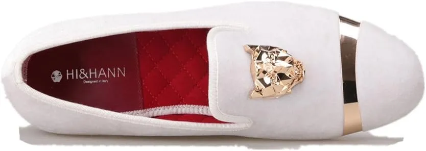 HI&HANN Loafers Men Velvet Shoes with PP Tiger and Gold Buckle Men Dress Shoe Smoking Slippers