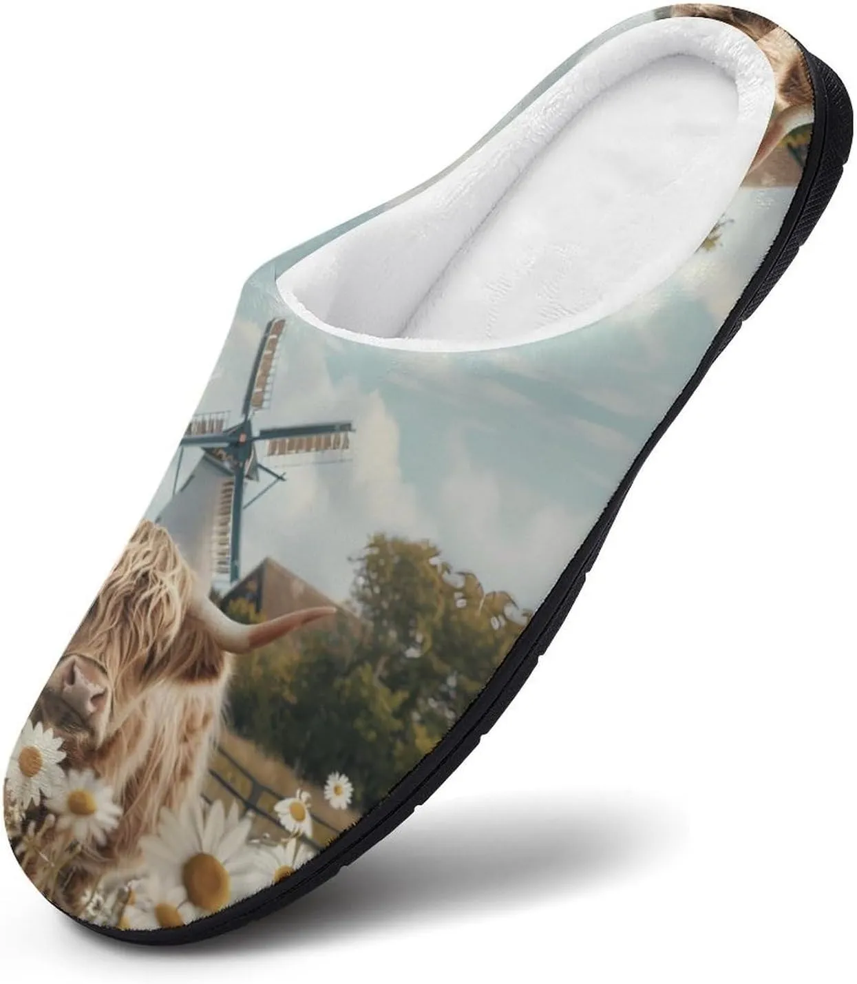 Highland Cow White Daisy Flower Men's Cotton Slippers Soft House Shoes Anti-Skid Bedroom Slipper for Home Outdoor