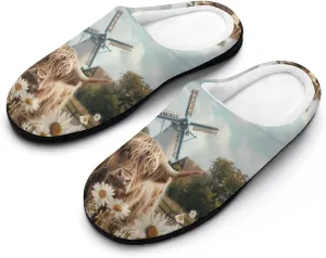 Highland Cow White Daisy Flower Men's Cotton Slippers Soft House Shoes Anti-Skid Bedroom Slipper for Home Outdoor