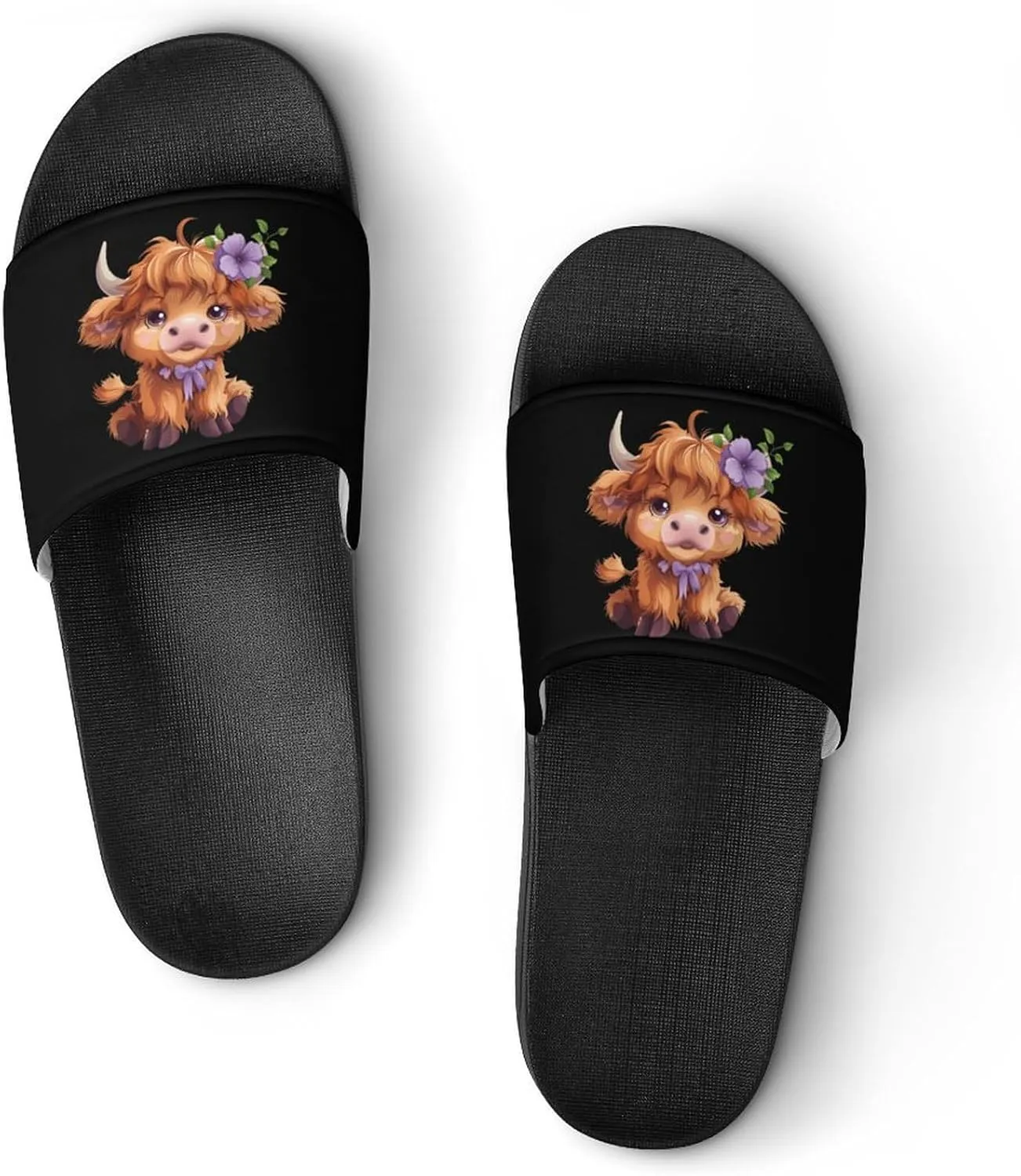 Highland Cow With Purple Flowers Scottish Farm Unisex Shower Shoes House Slippers Non-Slip Indoor Bathroom Shoes for Pool Beach 39 (245mm)