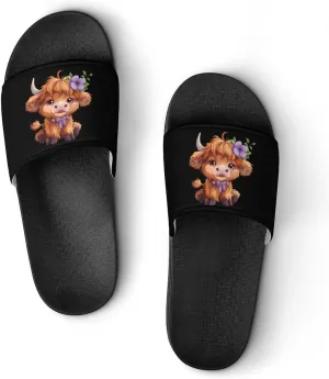 Highland Cow With Purple Flowers Scottish Farm Unisex Shower Shoes House Slippers Non-Slip Indoor Bathroom Shoes for Pool Beach 45 (275mm)