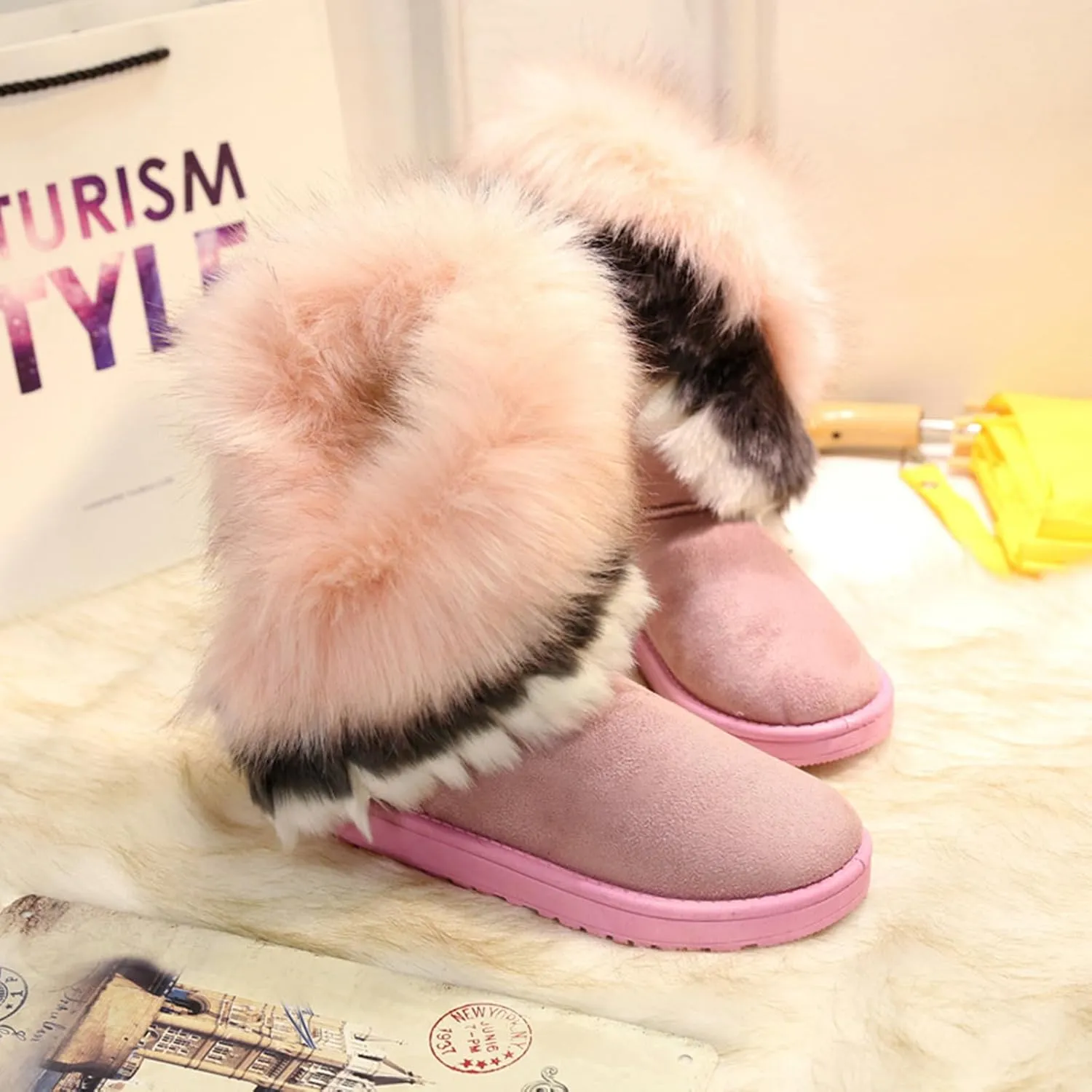 HINDOLA Warm Fur Boots for Women Winter Faux Fur Tassel Shoes Plush Snow Boots Ankle Booties Faux Suede Boots Anti Slip Outdoor Indoor Flat Shoes