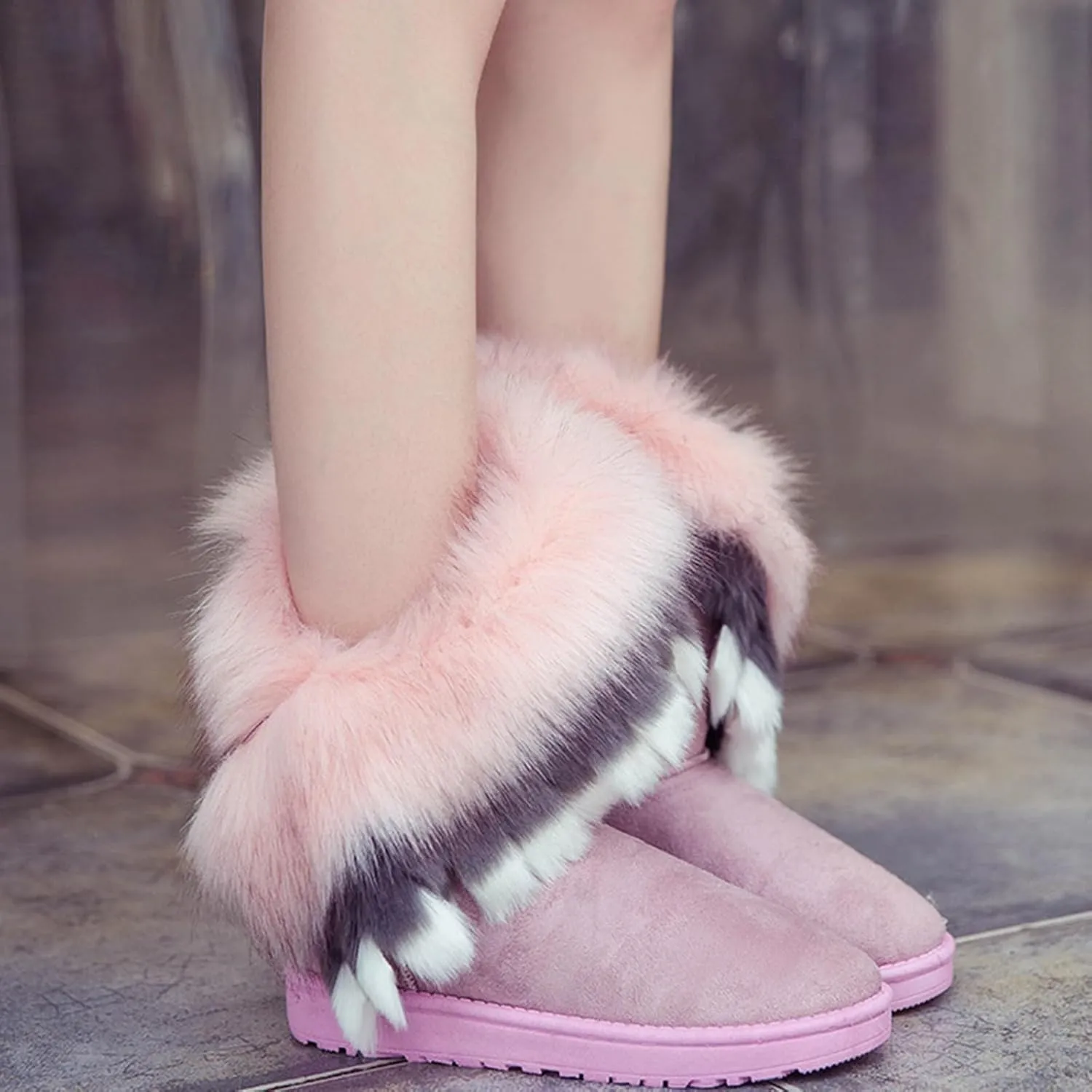 HINDOLA Warm Fur Boots for Women Winter Faux Fur Tassel Shoes Plush Snow Boots Ankle Booties Faux Suede Boots Anti Slip Outdoor Indoor Flat Shoes