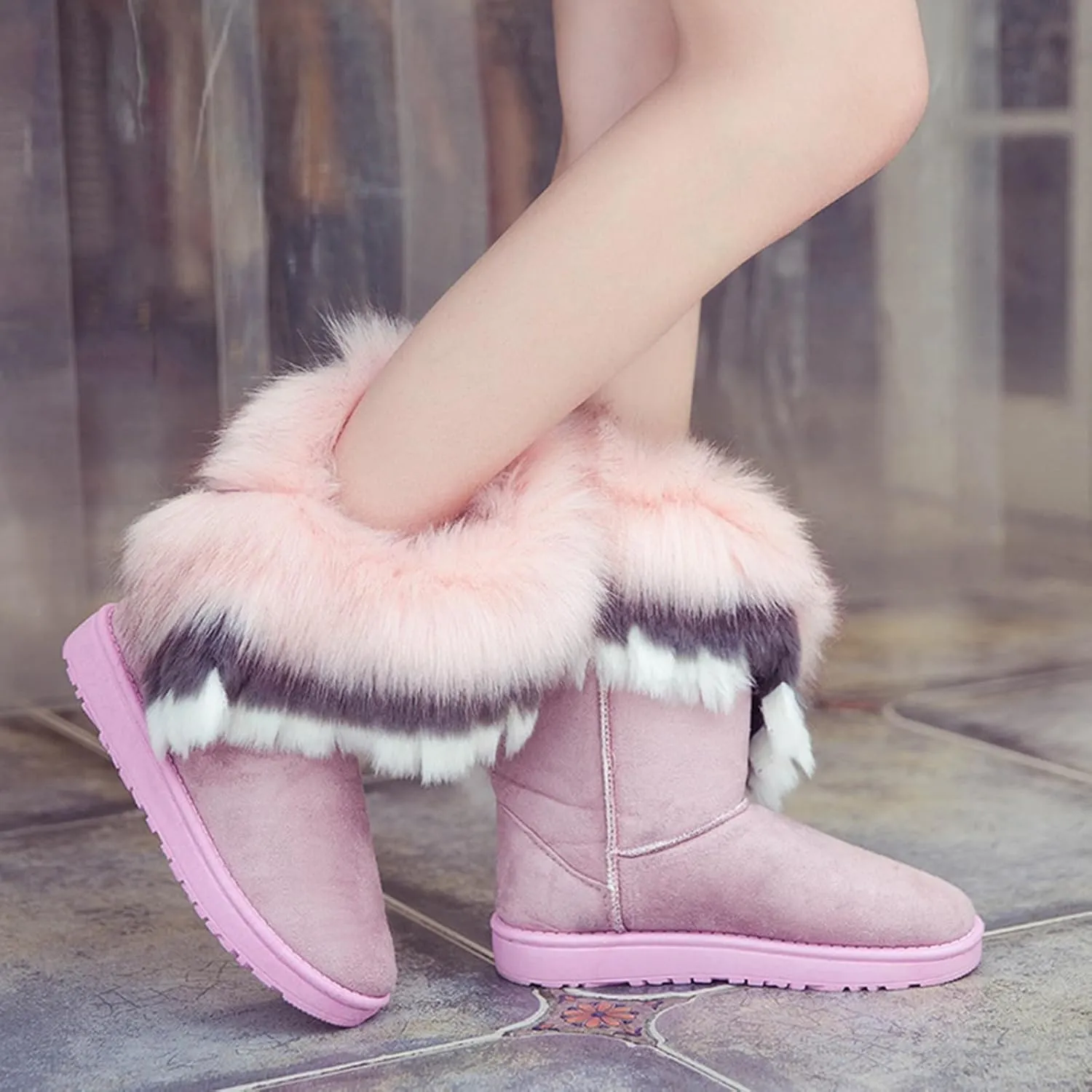 HINDOLA Warm Fur Boots for Women Winter Faux Fur Tassel Shoes Plush Snow Boots Ankle Booties Faux Suede Boots Anti Slip Outdoor Indoor Flat Shoes