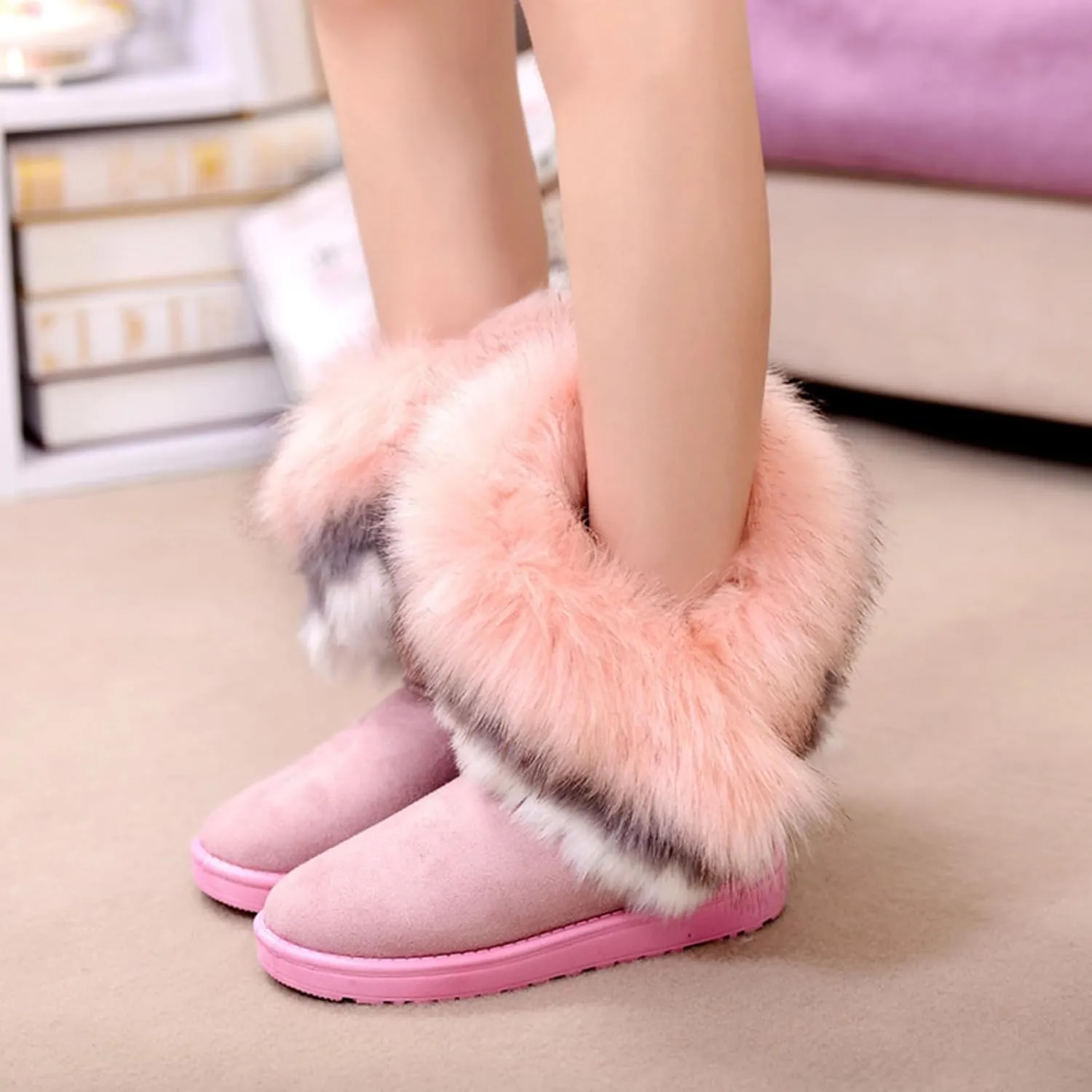 HINDOLA Warm Fur Boots for Women Winter Faux Fur Tassel Shoes Plush Snow Boots Ankle Booties Faux Suede Boots Anti Slip Outdoor Indoor Flat Shoes