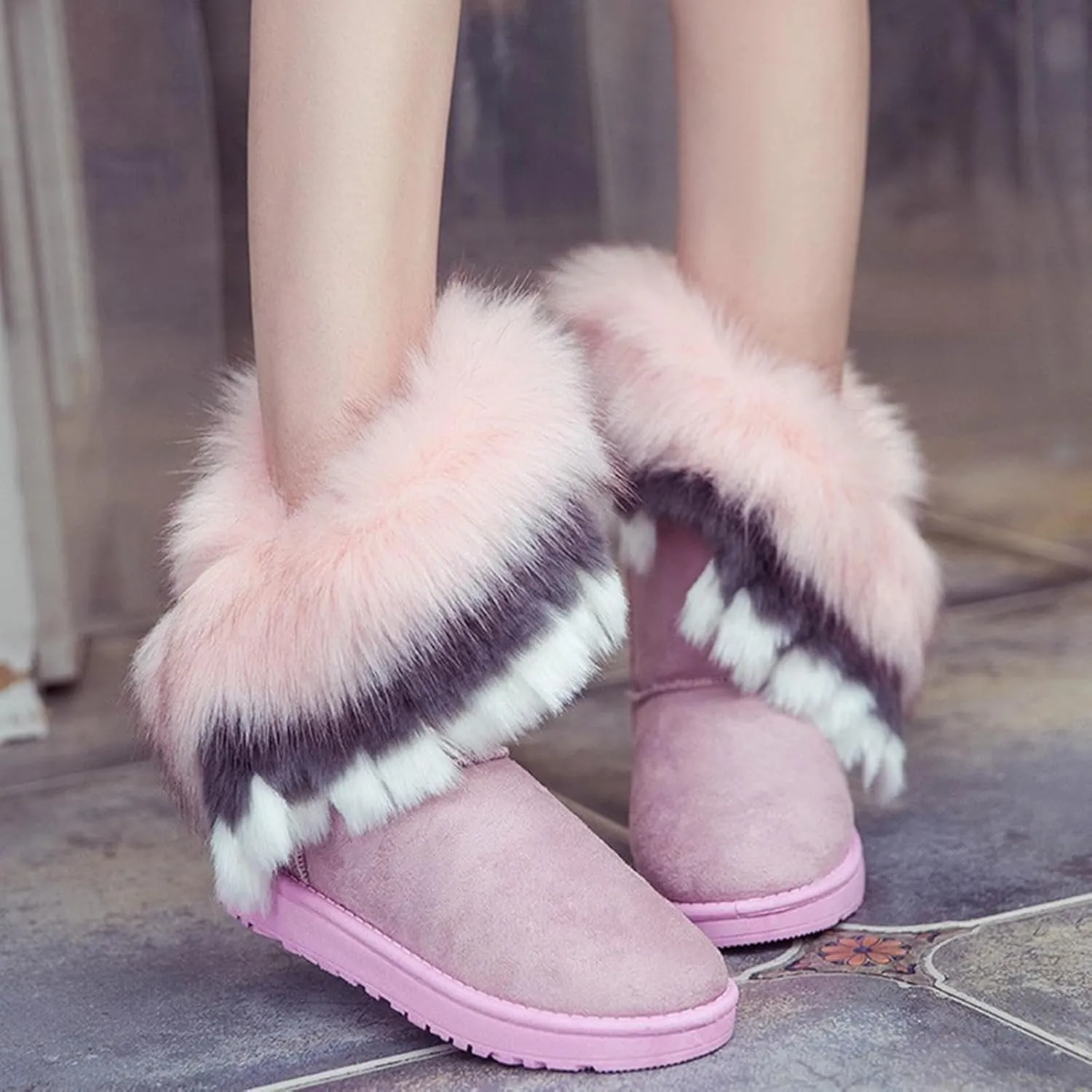 HINDOLA Warm Fur Boots for Women Winter Faux Fur Tassel Shoes Plush Snow Boots Ankle Booties Faux Suede Boots Anti Slip Outdoor Indoor Flat Shoes