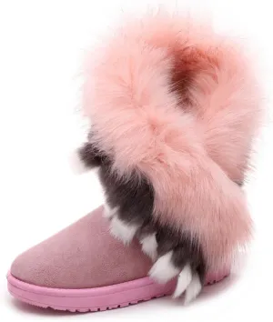 HINDOLA Warm Fur Boots for Women Winter Faux Fur Tassel Shoes Plush Snow Boots Ankle Booties Faux Suede Boots Anti Slip Outdoor Indoor Flat Shoes