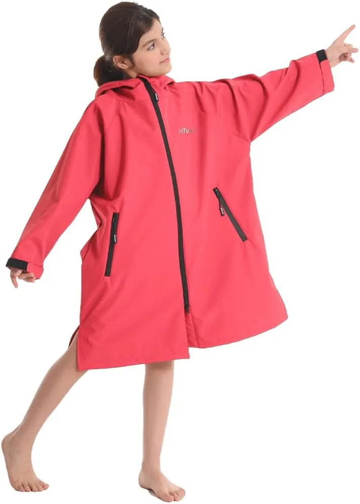 Hiturbo Kids Waterproof Swim Parka: Windproof Swimming Coat - Thin Fleece Lining - Oversized Swimmer Jacket