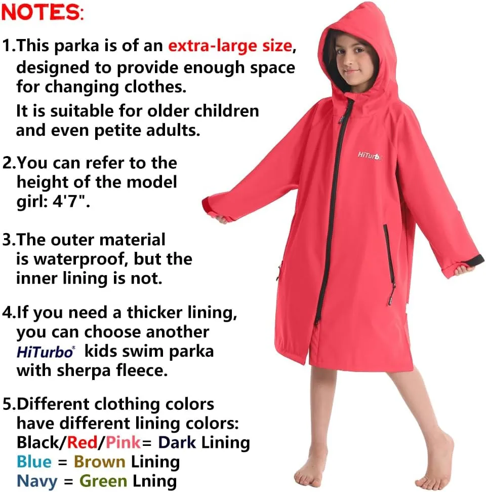 Hiturbo Kids Waterproof Swim Parka: Windproof Swimming Coat - Thin Fleece Lining - Oversized Swimmer Jacket