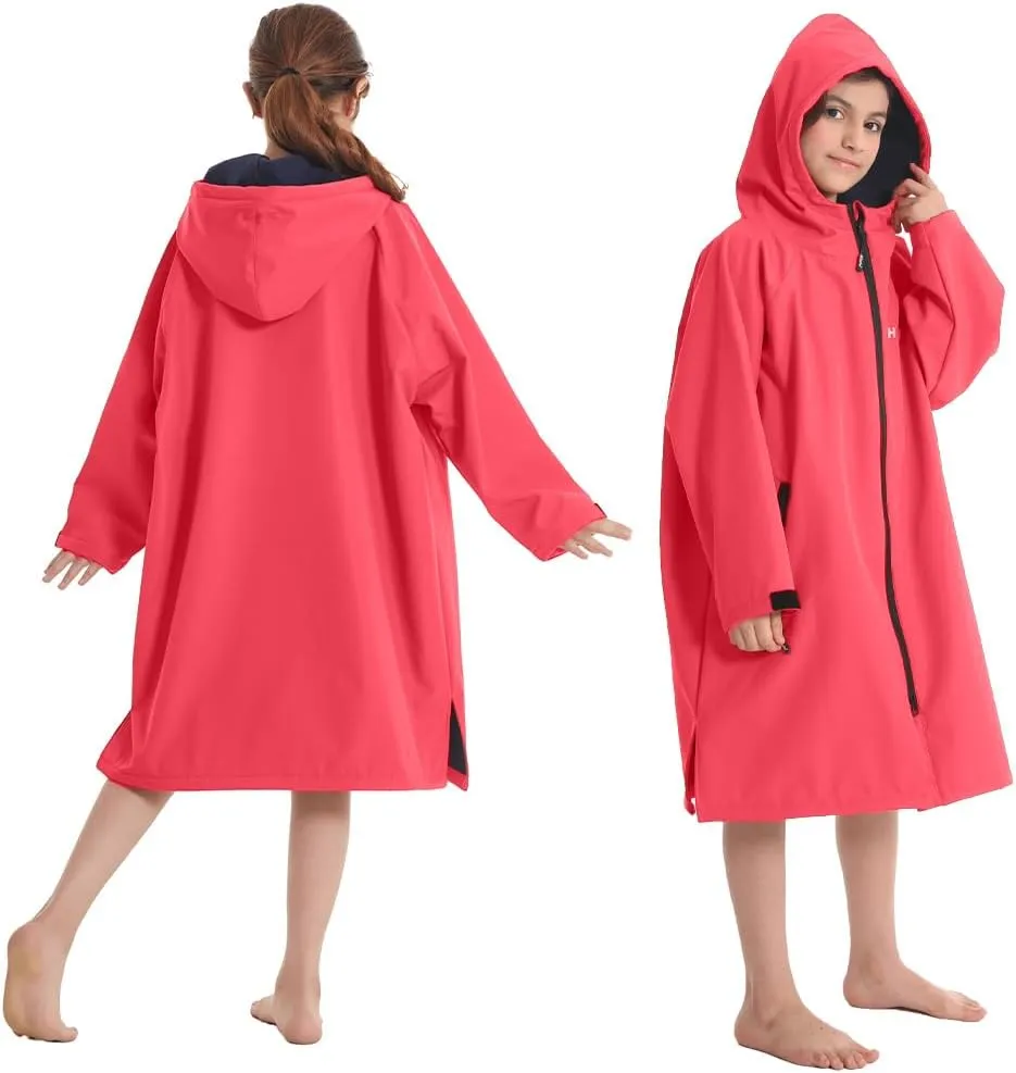 Hiturbo Kids Waterproof Swim Parka: Windproof Swimming Coat - Thin Fleece Lining - Oversized Swimmer Jacket