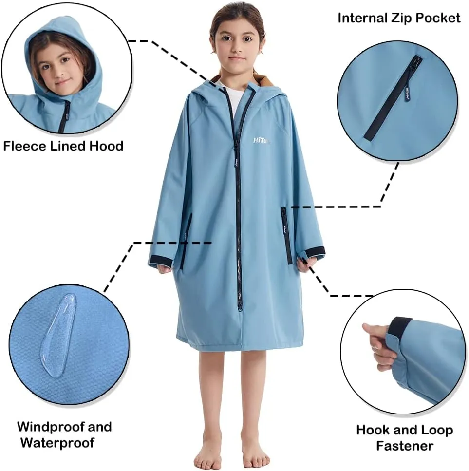 Hiturbo Kids Waterproof Swim Parka: Windproof Swimming Coat - Thin Fleece Lining - Oversized Swimmer Jacket