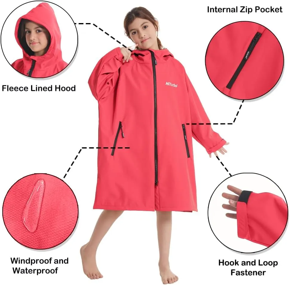 Hiturbo Kids Waterproof Swim Parka: Windproof Swimming Coat - Thin Fleece Lining - Oversized Swimmer Jacket
