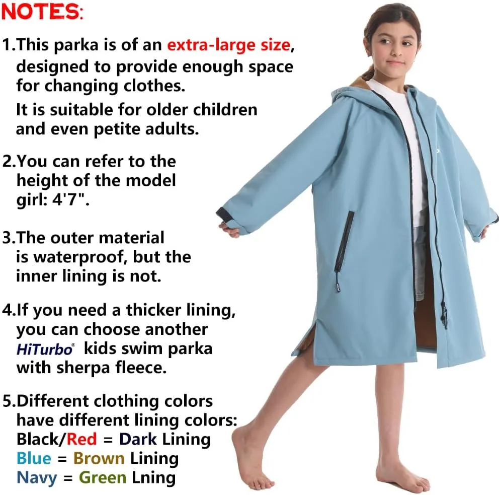 Hiturbo Kids Waterproof Swim Parka: Windproof Swimming Coat - Thin Fleece Lining - Oversized Swimmer Jacket