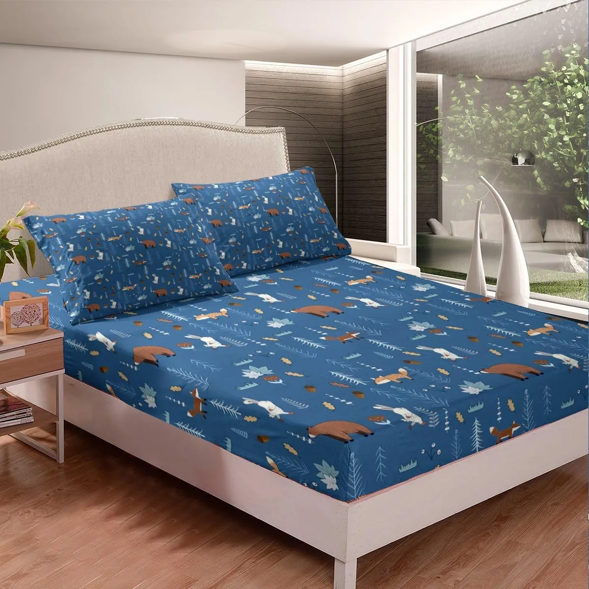 Homewish Bear Bedding Set Full Size,Navy Cartoon Animals Sheet Set Kids Cute Fox Rabbit Bed Sheet 4Pcs for Girls Boys Bedroom Decor,Pine Tree Jungle Adventure Style Fitted   Flat Sheet,2 Pillowcases