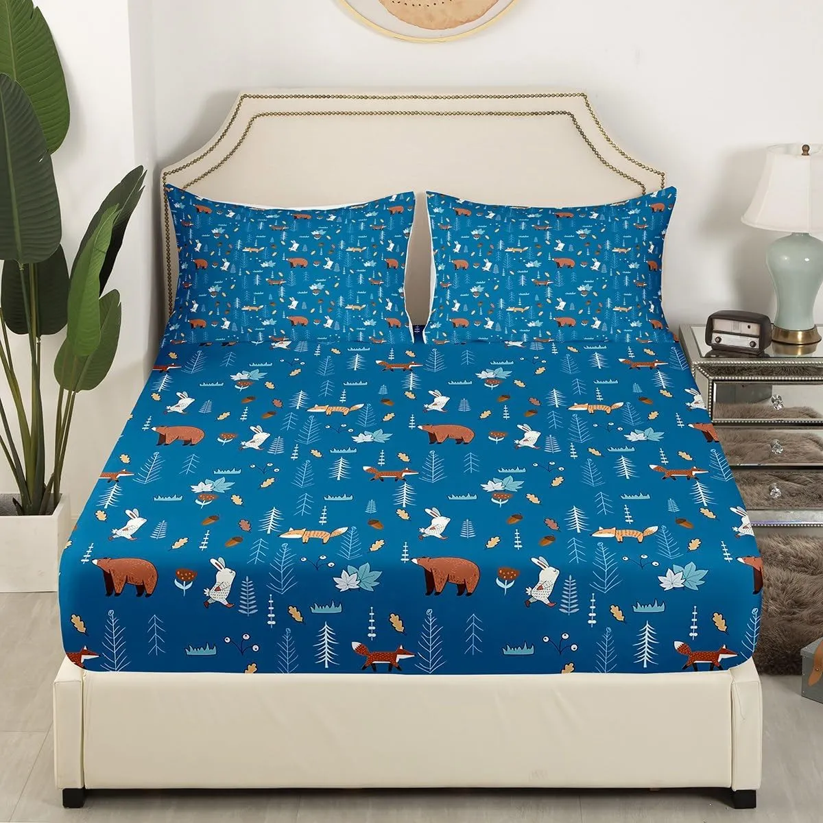 Homewish Bear Bedding Set Full Size,Navy Cartoon Animals Sheet Set Kids Cute Fox Rabbit Bed Sheet 4Pcs for Girls Boys Bedroom Decor,Pine Tree Jungle Adventure Style Fitted   Flat Sheet,2 Pillowcases