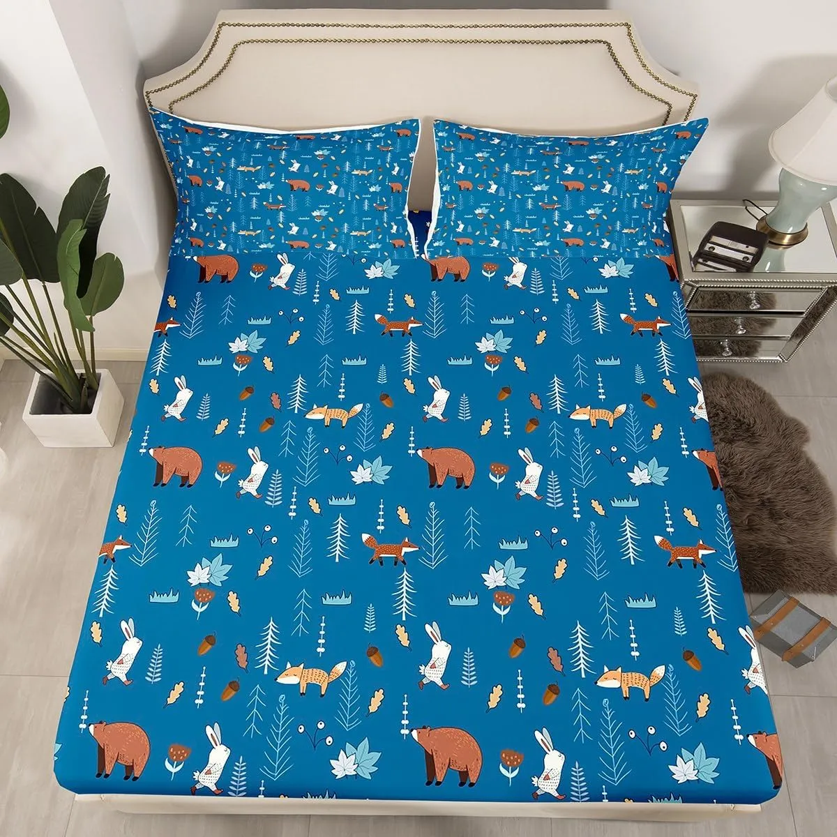 Homewish Bear Bedding Set Full Size,Navy Cartoon Animals Sheet Set Kids Cute Fox Rabbit Bed Sheet 4Pcs for Girls Boys Bedroom Decor,Pine Tree Jungle Adventure Style Fitted   Flat Sheet,2 Pillowcases