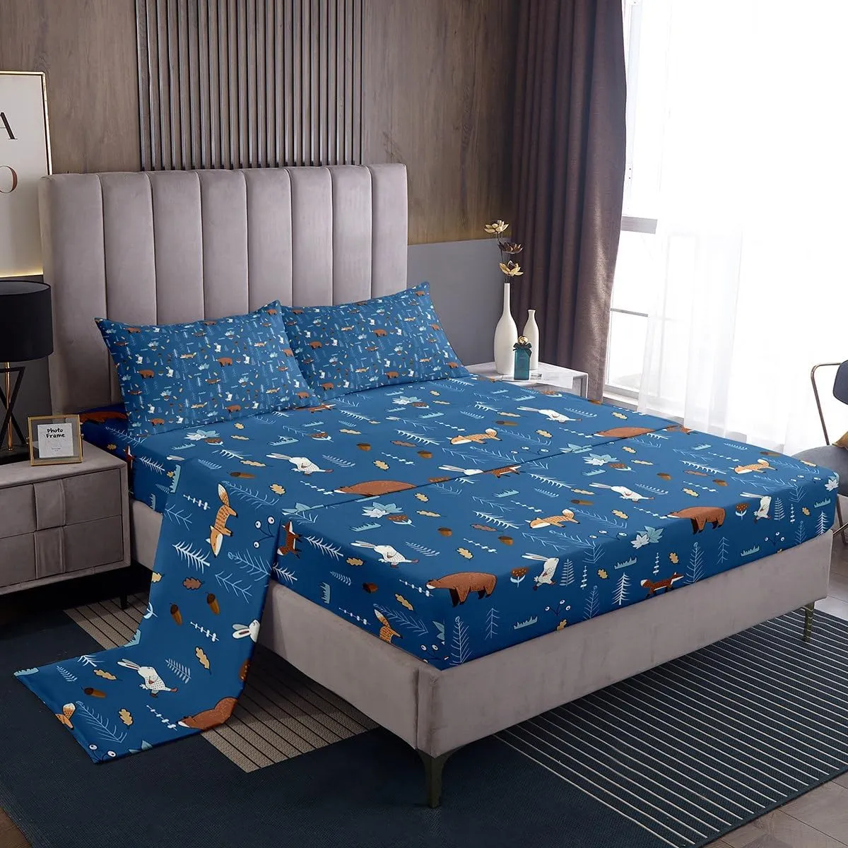 Homewish Bear Bedding Set Full Size,Navy Cartoon Animals Sheet Set Kids Cute Fox Rabbit Bed Sheet 4Pcs for Girls Boys Bedroom Decor,Pine Tree Jungle Adventure Style Fitted   Flat Sheet,2 Pillowcases