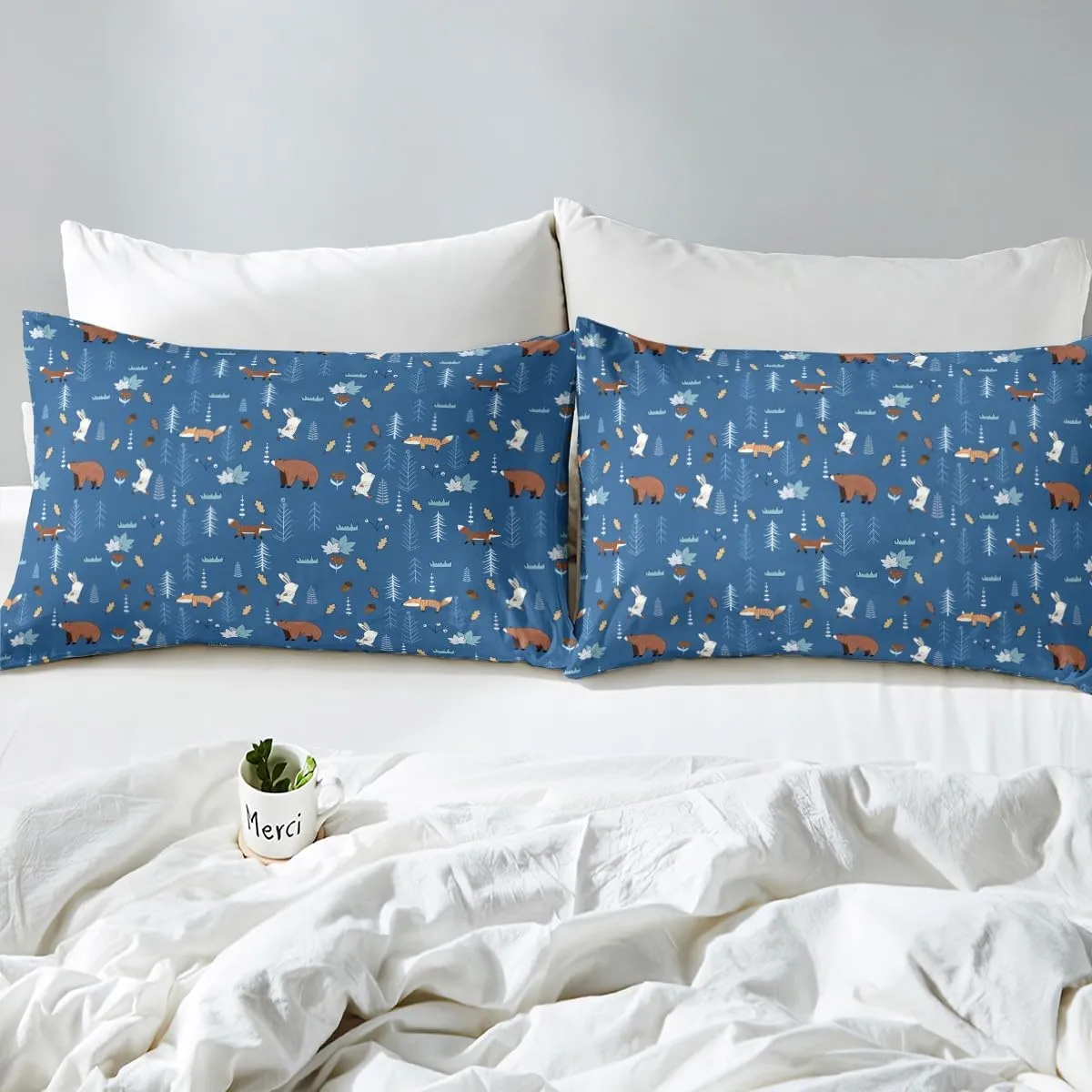 Homewish Bear Bedding Set Full Size,Navy Cartoon Animals Sheet Set Kids Cute Fox Rabbit Bed Sheet 4Pcs for Girls Boys Bedroom Decor,Pine Tree Jungle Adventure Style Fitted   Flat Sheet,2 Pillowcases