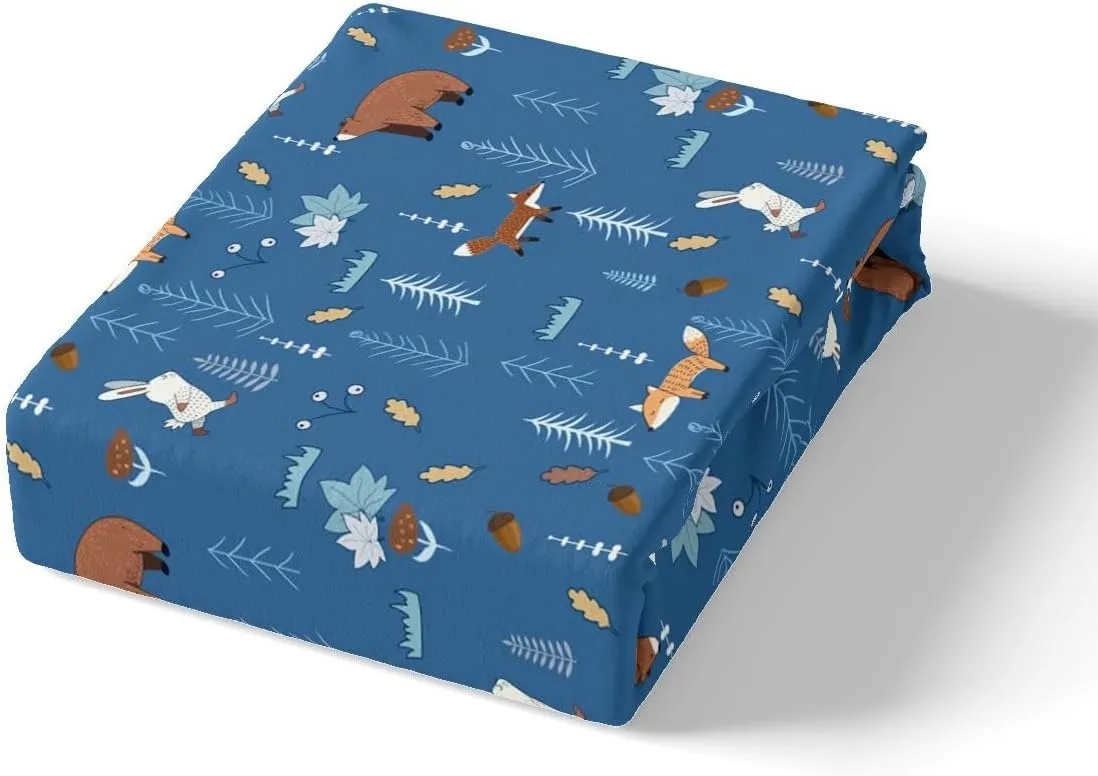 Homewish Bear Bedding Set Full Size,Navy Cartoon Animals Sheet Set Kids Cute Fox Rabbit Bed Sheet 4Pcs for Girls Boys Bedroom Decor,Pine Tree Jungle Adventure Style Fitted   Flat Sheet,2 Pillowcases