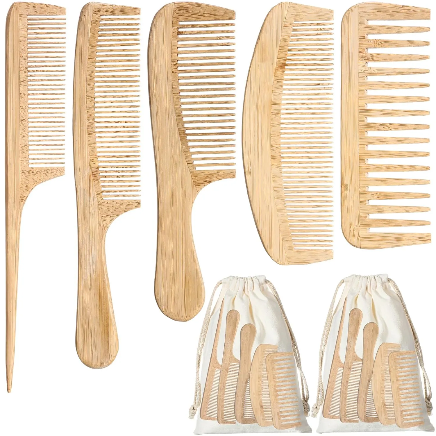 Honeydak 10 Pcs Natural Handmade Bamboo Comb Set Anti-static Set Includes Wide fine Tooth Rat Tail Tooth Combs for Detangling Long Short Thick Thin Curly or Wavy Hair Suitable for Both Women and Men