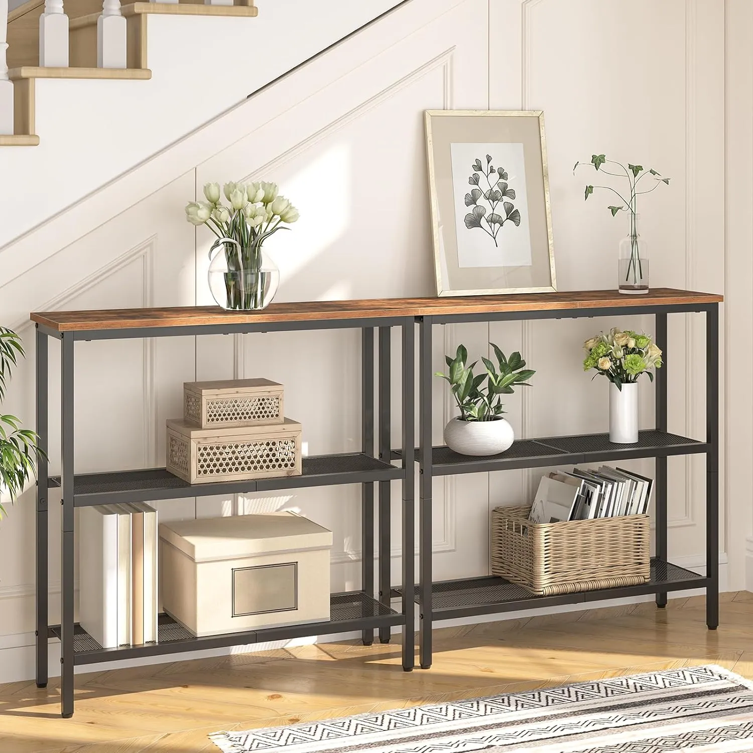 HOOBRO 29.5" Narrow Console Table, 3-Tier Entryway Table, Thin Sofa Table with Shelves, Side Table, Display Table, for Hallway, Entrance, Living Room, Bedroom, Rustic Brown and Black BF73XG01