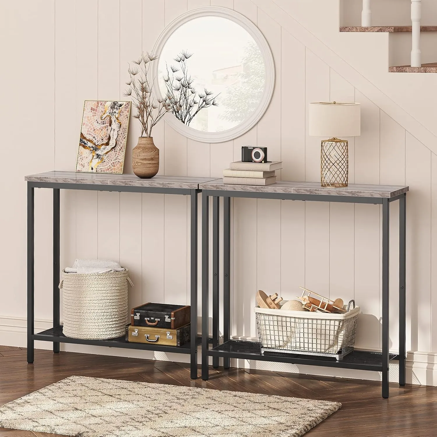 HOOBRO 29.5" Narrow Console Table, Small Entryway Table with Shelf, 2 Tier Thin Sofa Table, Side Table, for Hallway, Living Room, Bedroom, Greige and Black BG74XG01