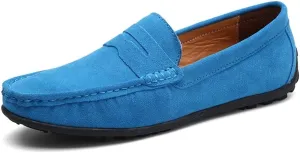 HOOENG Driving Moccasins for Men Genuine Leather Stitching Details Round Toe Suede Vamp Penny Loafer Rubber Sole Lightweight Resistant Flat Heel Walking (Color : Light Blue, Size : 9)