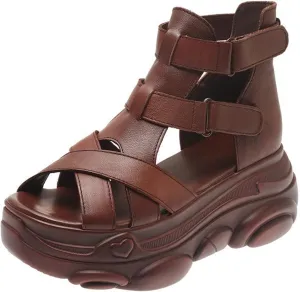 HOUDBDOL Women Fashion Leather Platform Sandal with Adjustable Hook and Loop Round Open Toe Ankle Straps Breathable Soft Sole Sport Walking High Top Flats Sandals
