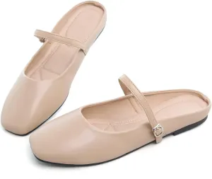 HuangTaiJi Qing Women's Closed Square Toe Backless Low Heeled Mule Slippers Casual Loafers Slip on Flat Shoes