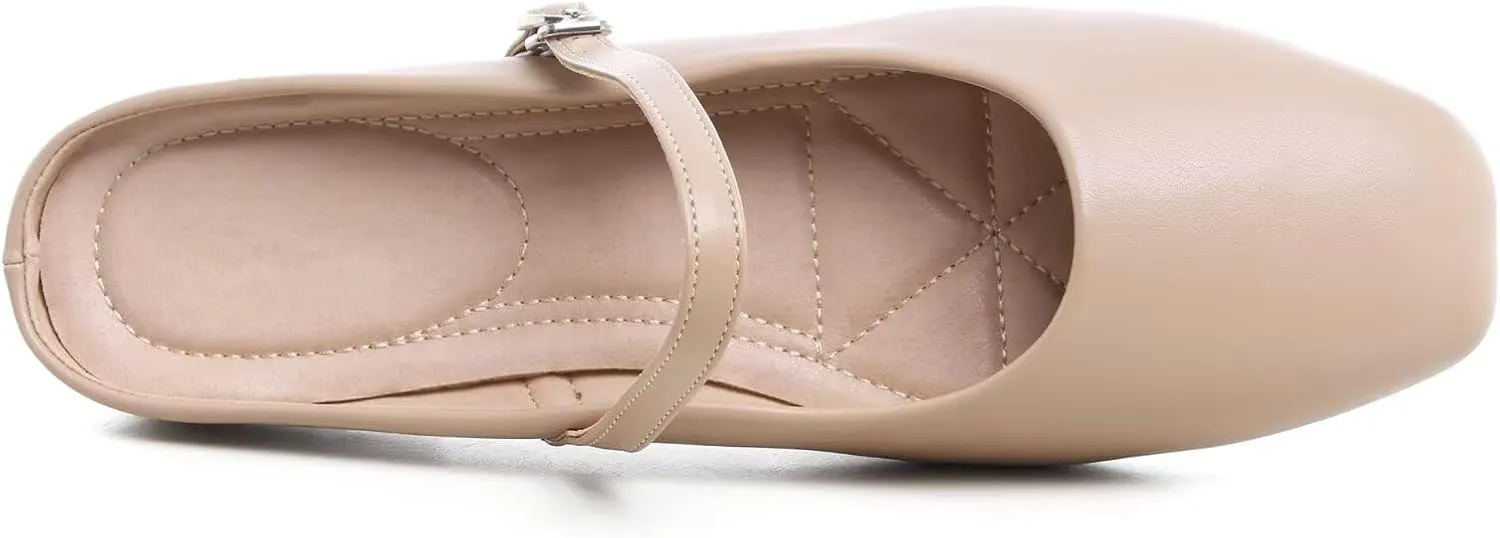 HuangTaiJi Qing Women's Closed Square Toe Backless Low Heeled Mule Slippers Casual Loafers Slip on Flat Shoes