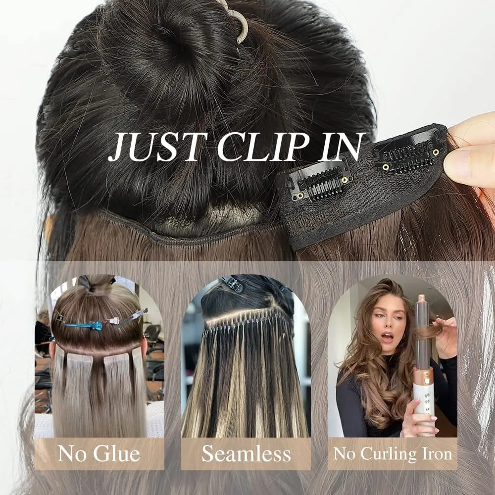 Human Hair Clip Extensions - Chocolate Brown to Caramel Blonde Ombre Highlight V Shape - 14" 70G 4/27 One Hairpiece 3/4 Full Head Balayage With 5 Secure Clips