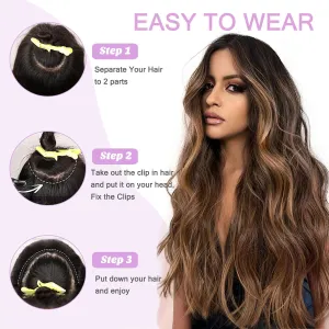 Human Hair Clip Extensions - Chocolate Brown to Caramel Blonde Ombre Highlight V Shape - 14" 70G 4/27 One Hairpiece 3/4 Full Head Balayage With 5 Secure Clips
