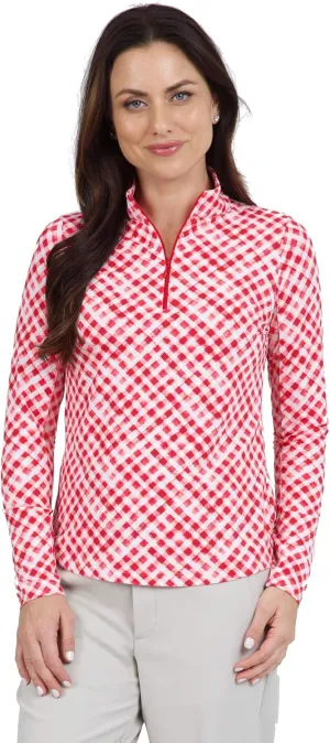 IBKUL Athleisure Wear Sun Protective UPF 50  Icefil Cooling Gingham Check Print Long Sleeve Mock Neck Top – 10876