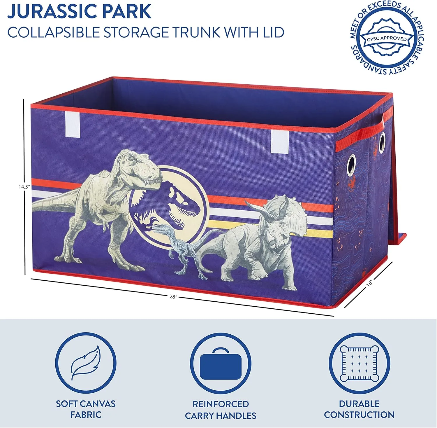 Idea Nuova Jurassic World Dinosaur Collapsible Children’s Toy Storage Trunk, Durable with Soft Lid, 28.5x14.5 x16