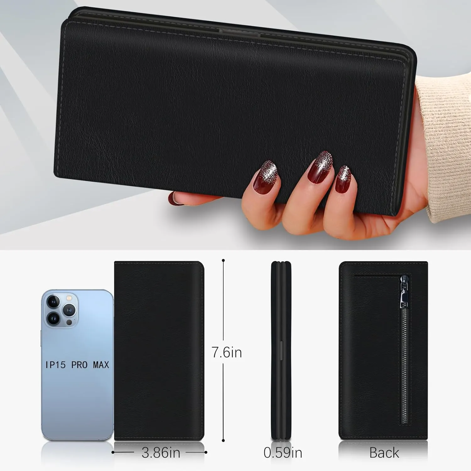 Immaturus Womens Wallet, Blue Black Slim Thin RFID Blocking Credit Card Wallets, Long Bifold PU Leather Card Holder Organizer, Cute Cash Clutch Billfold with Zipper Coin Pocket Ladies Girls Gift
