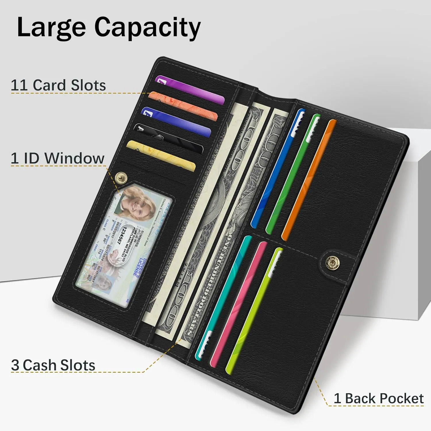 Immaturus Womens Wallet, Blue Black Slim Thin RFID Blocking Credit Card Wallets, Long Bifold PU Leather Card Holder Organizer, Cute Cash Clutch Billfold with Zipper Coin Pocket Ladies Girls Gift