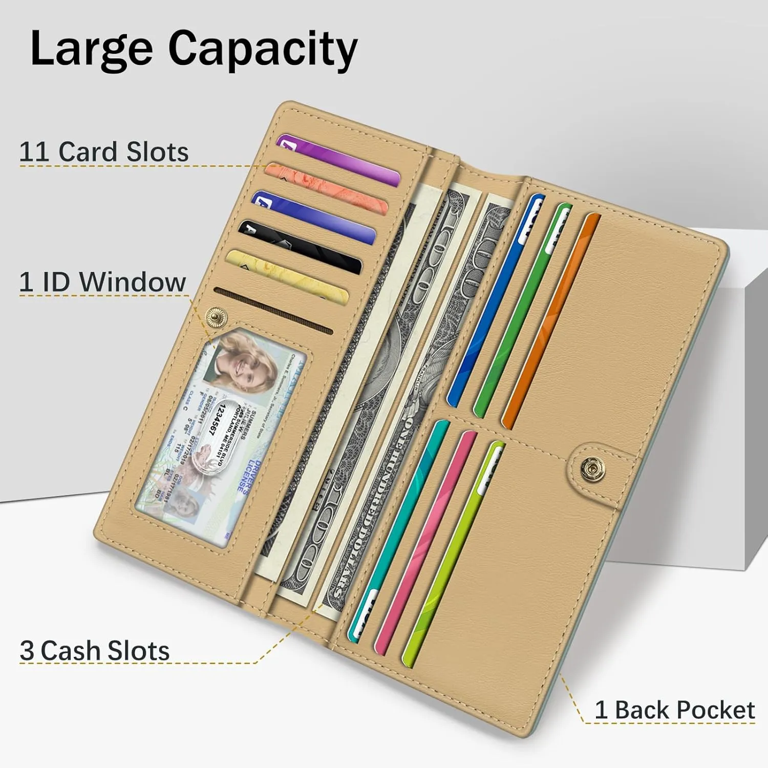 Immaturus Womens Wallet, Green Slim Thin RFID Blocking Card Wallets, Bifold PU Leather Credit Card Holder Organizer, Cute Cash Clutch Long Billfold with Zipper Coin Pocket Ladies Girls Gift