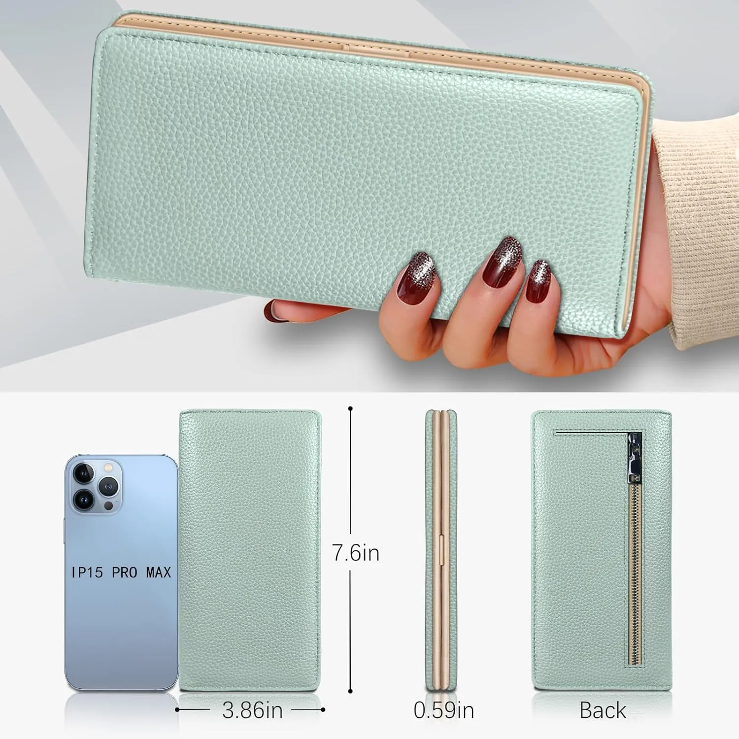 Immaturus Womens Wallet, Green Slim Thin RFID Blocking Card Wallets, Bifold PU Leather Credit Card Holder Organizer, Cute Cash Clutch Long Billfold with Zipper Coin Pocket Ladies Girls Gift