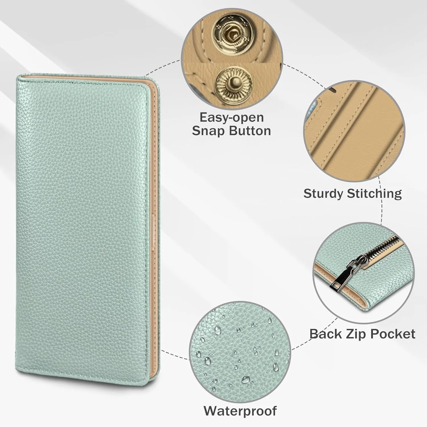 Immaturus Womens Wallet, Green Slim Thin RFID Blocking Card Wallets, Bifold PU Leather Credit Card Holder Organizer, Cute Cash Clutch Long Billfold with Zipper Coin Pocket Ladies Girls Gift
